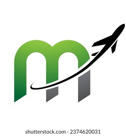Green and Black Lowercase Letter M Icon with an Airplane on a White Background