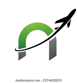 Green and Black Lowercase Letter N Icon with an Airplane on a White Background