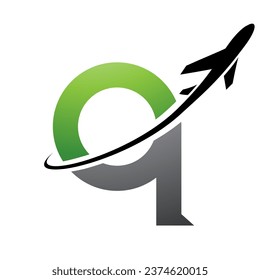 Green and Black Lowercase Letter Q Icon with an Airplane on a White Background