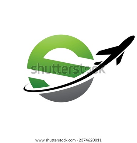 Green and Black Lowercase Letter S Icon with an Airplane on a White Background