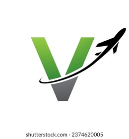 Green and Black Lowercase Letter V Icon with an Airplane on a White Background