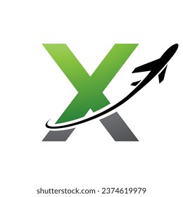 Green and Black Lowercase Letter X Icon with an Airplane on a White Background