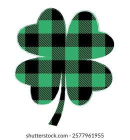 Green and black lumberjack buffalo plaid vector four leaf clover silhouette drawing for Saint Patrick's day designs