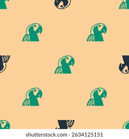 Green and black Macaw parrot bird animal icon isolated seamless pattern on beige background. Animal symbol.  Vector