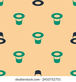 Green and black Magic hat icon isolated seamless pattern on beige background. Magic trick. Mystery entertainment concept.  Vector