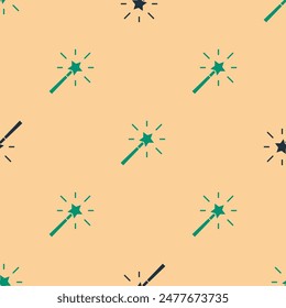 Icono de la varita mágica verde y negro aislado patrón sin fisuras sobre fondo beige. Accesorio mágico en forma de estrella. Poder mágico.  Vector