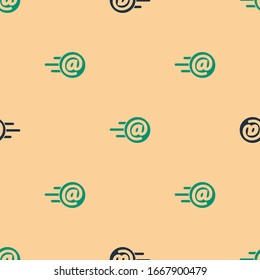 Green and black Mail and e-mail icon isolated seamless pattern on beige background. Envelope symbol e-mail. Email message sign.  Vector Illustration