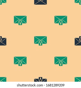 Green and black Mail message lock password icon isolated seamless pattern on beige background. Envelope with padlock. Private, security, secure, protection, privacy.  Vector Illustration