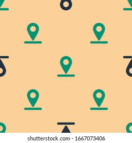 Green and black Map pin icon isolated seamless pattern on beige background. Navigation, pointer, location, map, gps, direction, place, compass, search concept.  Vector Illustration