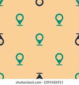 Green and black Map pointer with bowling ball icon isolated seamless pattern on beige background. Sport equipment.  Vector