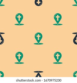 Green and black Map pointer with christian cross icon isolated seamless pattern on beige background.  Vector Illustration