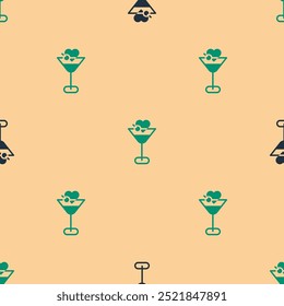 Green and black Martini glass icon isolated seamless pattern on beige background. Cocktail icon. Wine glass icon.  Vector