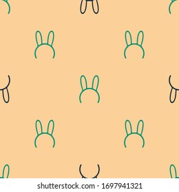 Green and black Mask with long bunny ears icon isolated seamless pattern on beige background.  Vector Illustration