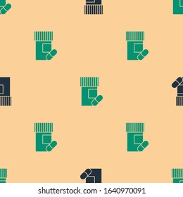 Green and black Medicine bottle and pills icon isolated seamless pattern on beige background. Bottle pill sign. Pharmacy design.  Vector Illustration