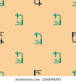 Green and black Microscope icon isolated seamless pattern on beige background. Chemistry, pharmaceutical instrument, microbiology magnifying tool.  Vector