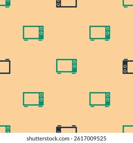 Green and black Microwave oven icon isolated seamless pattern on beige background. Home appliances icon.  Vector