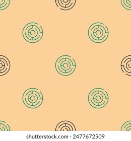 Green and black Minotaur maze or labyrinth icon isolated seamless pattern on beige background. Ancient Greek mythology.  Vector