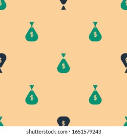 Green and black Money bag icon isolated seamless pattern on beige background. Dollar or USD symbol. Cash Banking currency sign.  Vector Illustration