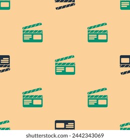 Green and black Movie clapper icon isolated seamless pattern on beige background. Film clapper board. Clapperboard sign. Cinema production or media industry.  Vector Illustration