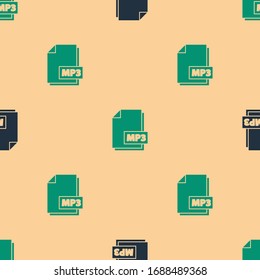 Green and black MP3 file document. Download mp3 button icon isolated seamless pattern on beige background. Mp3 music format sign. MP3 file symbol.  Vector Illustration