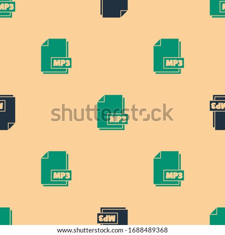 Green and black MP3 file document. Download mp3 button icon isolated seamless pattern on beige background. Mp3 music format sign. MP3 file symbol.  Vector Illustration