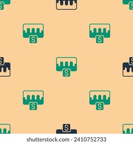 Green and black Music wave equalizer icon isolated seamless pattern on beige background. Sound wave. Audio digital equalizer technology, console panel, pulse musical.  Vector