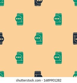 Green and black New chat messages notification on phone icon isolated seamless pattern on beige background. Smartphone chatting sms messages speech bubbles.  Vector Illustration
