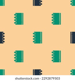 Green and black Notebook icon isolated seamless pattern on beige background. Spiral notepad icon. School notebook. Writing pad. Diary for school.  Vector