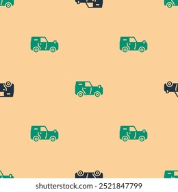 Green and black Off road car icon isolated seamless pattern on beige background. Jeep sign.  Vector