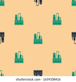Green and black Oil and gas industrial factory building icon isolated seamless pattern on beige background.  Vector Illustration