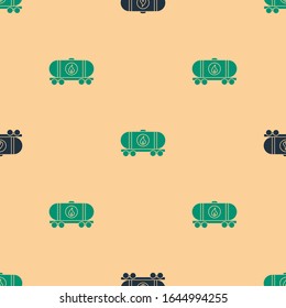 Green and black Oil railway cistern icon isolated seamless pattern on beige background. Train oil tank on railway car. Rail freight. Oil industry.  Vector Illustration