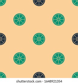 Green and black Old wooden wheel icon isolated seamless pattern on beige background.  Vector Illustration