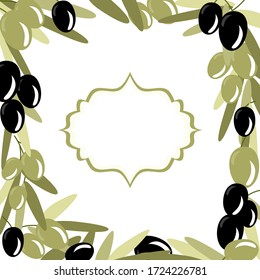 Green and black olive border frame, vector floral pattern on the white background