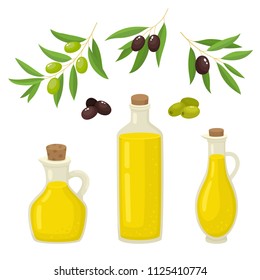 Green, black olive branches and oil glass bottle and jug isolated on white background. Vector set of cartoon vegetable used for magazine, poster health care products, card, menu cover and web pages