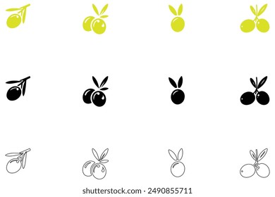 Green and black olive icon silhouettes vector illustration on a white background