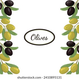 Green and black olive leaves and branches. Food illustration. Background with Cartoon flat-style olives. Vertical design template. Vector illustration.