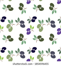 Green and black olive vector floral seamless pattern on the white background.