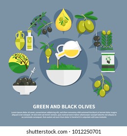 Green and black olives, canned products, oil, bowl with salad, flat composition on grey background vector illustration