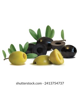 Green and black Olives. Fresh, nutritious, delicious Olives. Olives ingredients in mesh technique. Vector illustration.