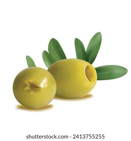 Green and black Olives. Fresh, nutritious, delicious Olives. Olives ingredients in mesh technique. Vector illustration.