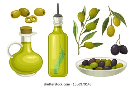 Green and Black Olives Healthy Products Vector Set