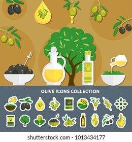 Green and black olives icons collection including tree and branches, canned products, oil bottle isolated vector illustration