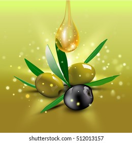 Green and black olives with leaves. Vector illustration
