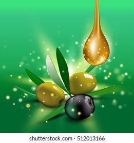 Green and black olives with leaves. Vector illustration