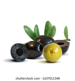 Green and black olives low poly. Wonderful antioxidant. Beautiful olives. Green and black olives in triangulation technique. Vector illustration.