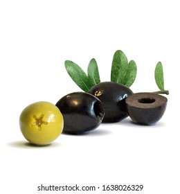 Green and black olives low poly. Wonderful antioxidant. Beautiful olives. Green and black olives in triangulation technique. Vector illustration.