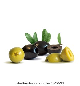 Green and black olives low poly. Wonderful antioxidant. Beautiful olives. Green and black olives in triangulation technique. Vector illustration.