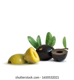 Green and black olives low poly. Wonderful antioxidant. Beautiful olives. Green and black olives in triangulation technique. Vector illustration.