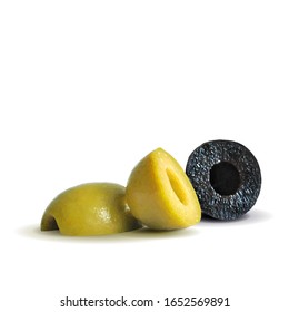 Green and black olives low poly. Wonderful antioxidant. Beautiful olives. Green and black olives in triangulation technique. Vector illustration.