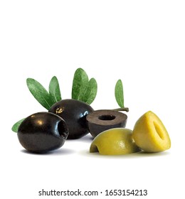 Green and black olives low poly. Wonderful antioxidant. Beautiful olives. Green and black olives in triangulation technique. Vector illustration.